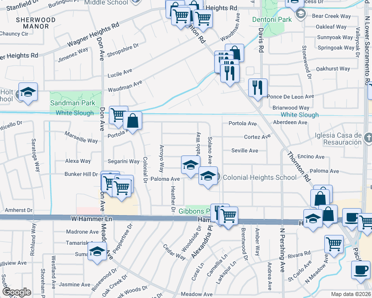 map of restaurants, bars, coffee shops, grocery stores, and more near 2007 Santa Rosa Way in Stockton