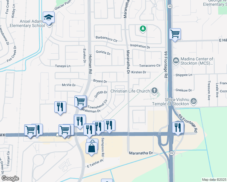 map of restaurants, bars, coffee shops, grocery stores, and more near 8118 Shay Circle in Stockton