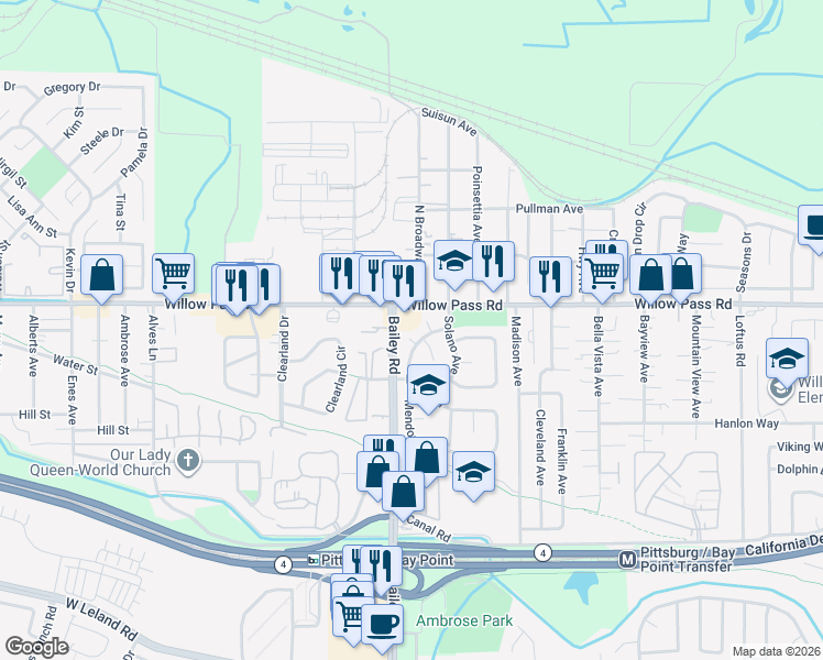 map of restaurants, bars, coffee shops, grocery stores, and more near 19 Plumas Court in Bay Point