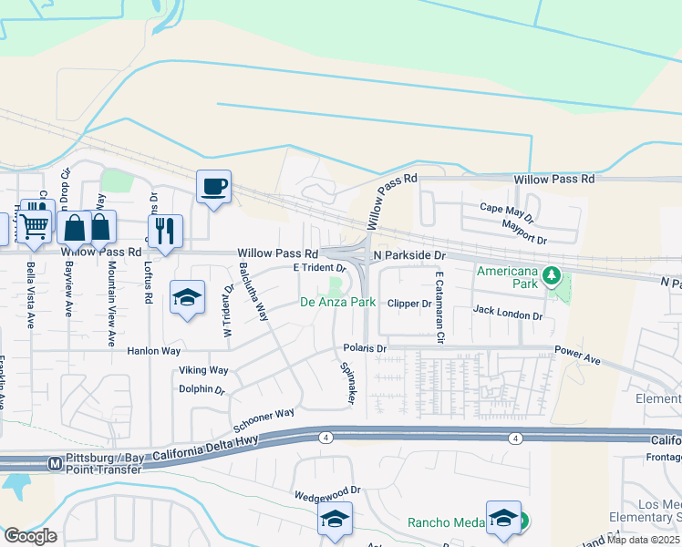 map of restaurants, bars, coffee shops, grocery stores, and more near 164 East Trident Drive in Pittsburg