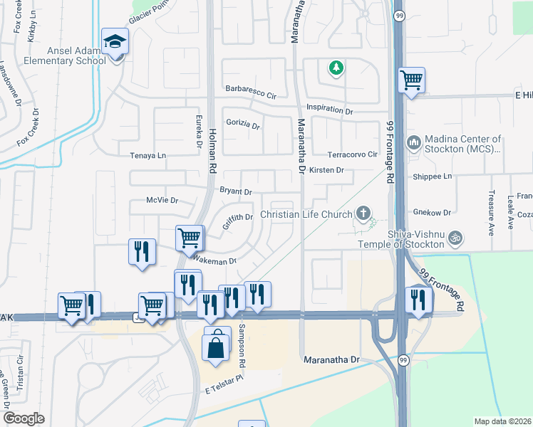 map of restaurants, bars, coffee shops, grocery stores, and more near 8118 Shay Circle in Stockton