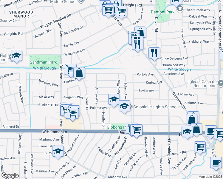 map of restaurants, bars, coffee shops, grocery stores, and more near 2007 Santa Rosa Way in Stockton