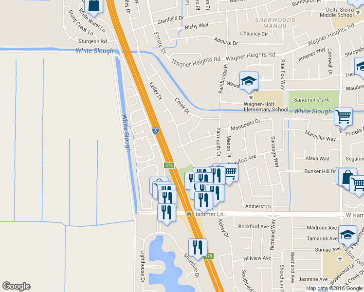 map of restaurants, bars, coffee shops, grocery stores, and more near 8509 Woodhaven Way in Stockton