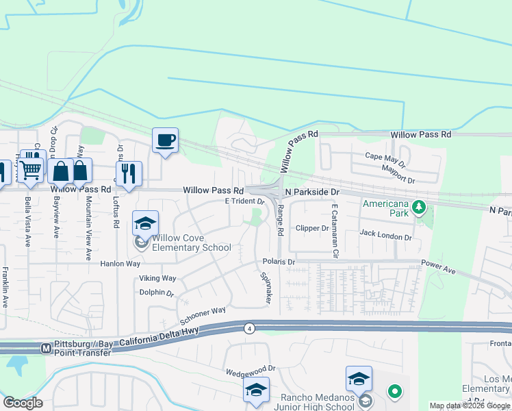 map of restaurants, bars, coffee shops, grocery stores, and more near 141 East Trident Drive in Pittsburg