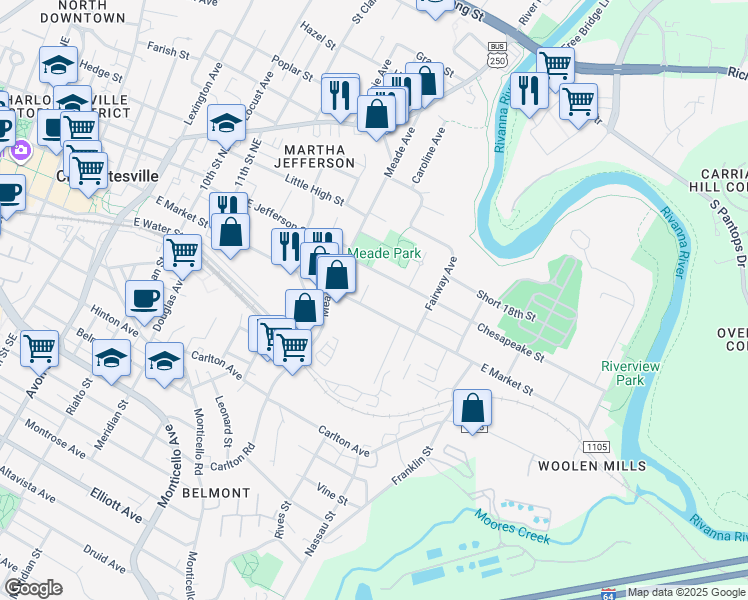 map of restaurants, bars, coffee shops, grocery stores, and more near 1322 Chesapeake St in Charlottesville