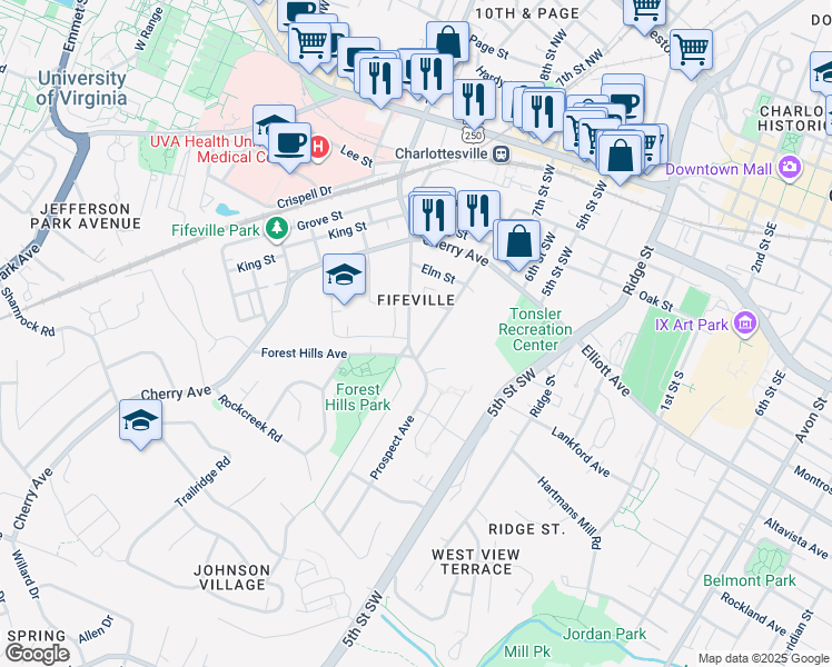 map of restaurants, bars, coffee shops, grocery stores, and more near 608 9th Street Southwest in Charlottesville