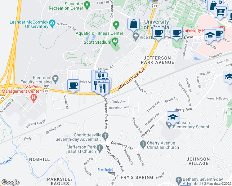 map of restaurants, bars, coffee shops, grocery stores, and more near in Charlottesville