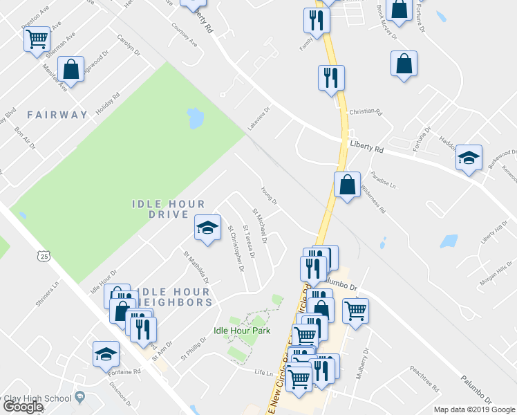 map of restaurants, bars, coffee shops, grocery stores, and more near 2180 Young Drive in Lexington