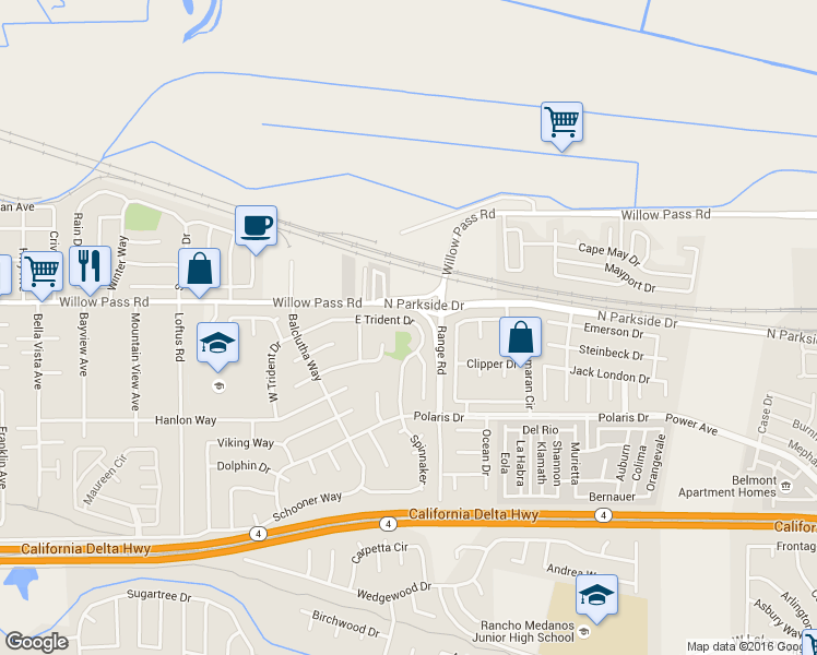 map of restaurants, bars, coffee shops, grocery stores, and more near 164 East Trident Drive in Pittsburg