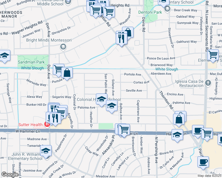map of restaurants, bars, coffee shops, grocery stores, and more near 1914 Santa Rosa Way in Stockton