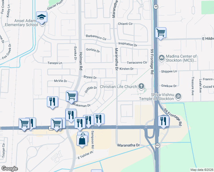 map of restaurants, bars, coffee shops, grocery stores, and more near 3811 Claire Street in Stockton