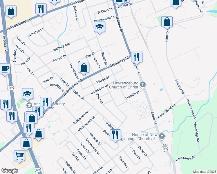 map of restaurants, bars, coffee shops, grocery stores, and more near 110 Greenview Drive in Lawrenceburg
