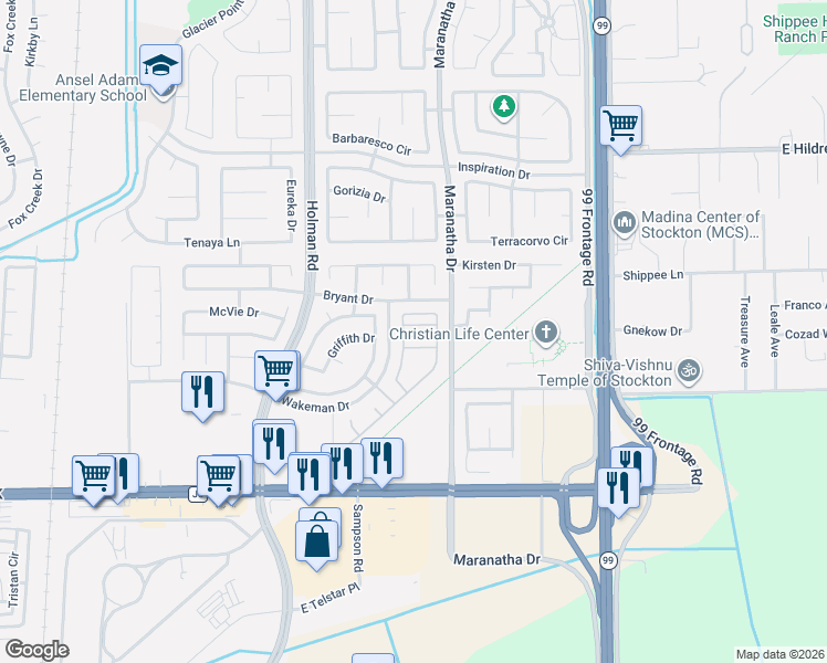 map of restaurants, bars, coffee shops, grocery stores, and more near 3811 Claire Street in Stockton
