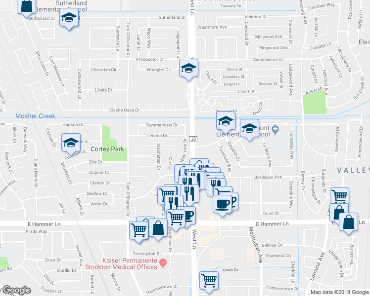 map of restaurants, bars, coffee shops, grocery stores, and more near 8315 New York Drive in Stockton