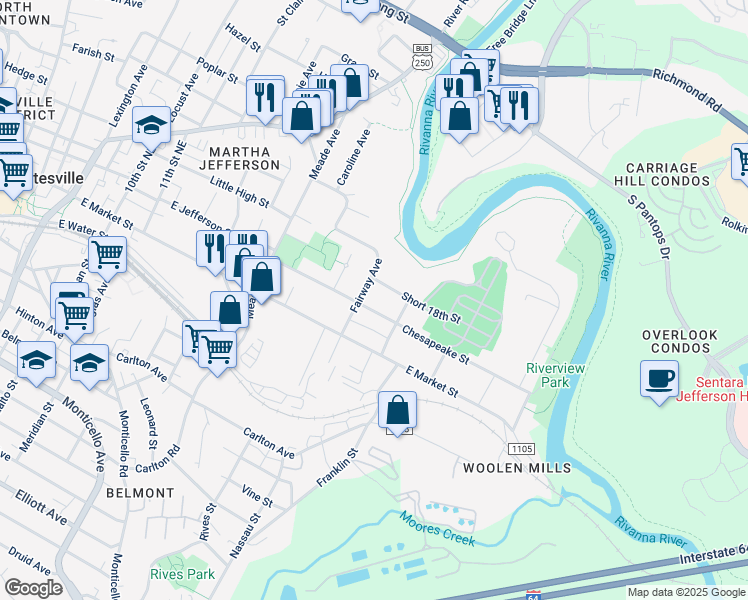 map of restaurants, bars, coffee shops, grocery stores, and more near 1405 Chesapeake Street in Charlottesville