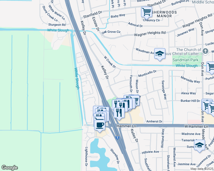 map of restaurants, bars, coffee shops, grocery stores, and more near 8501 Kelley Drive in Stockton