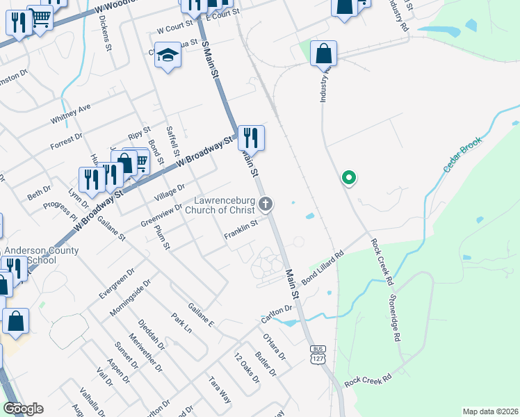 map of restaurants, bars, coffee shops, grocery stores, and more near 542 South Main Street in Lawrenceburg