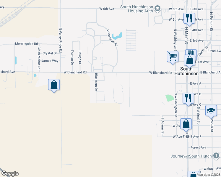 map of restaurants, bars, coffee shops, grocery stores, and more near 11 Savannah Drive in South Hutchinson