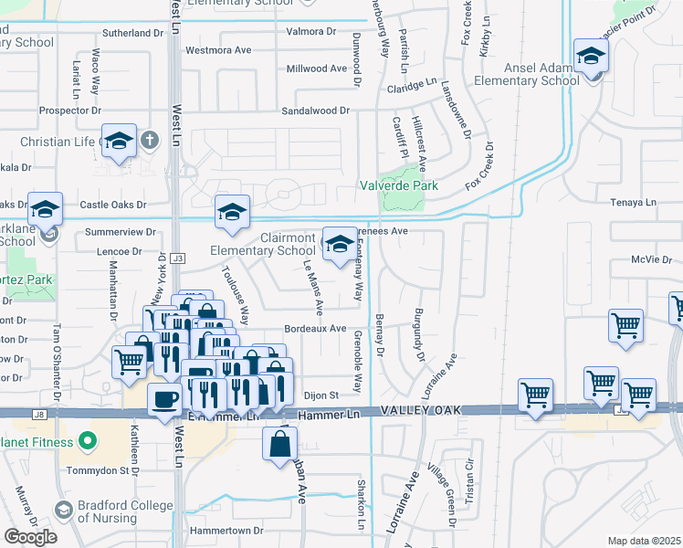 map of restaurants, bars, coffee shops, grocery stores, and more near 8282 Le Mans Avenue in Stockton