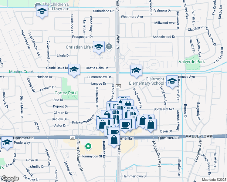 map of restaurants, bars, coffee shops, grocery stores, and more near 8400 New York Drive in Stockton