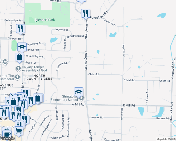 map of restaurants, bars, coffee shops, grocery stores, and more near 5118-5124 Stringtown Road in Evansville