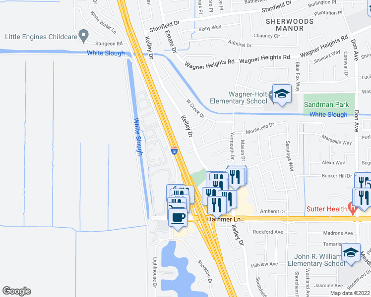 map of restaurants, bars, coffee shops, grocery stores, and more near 8537 Kelley Drive in Stockton