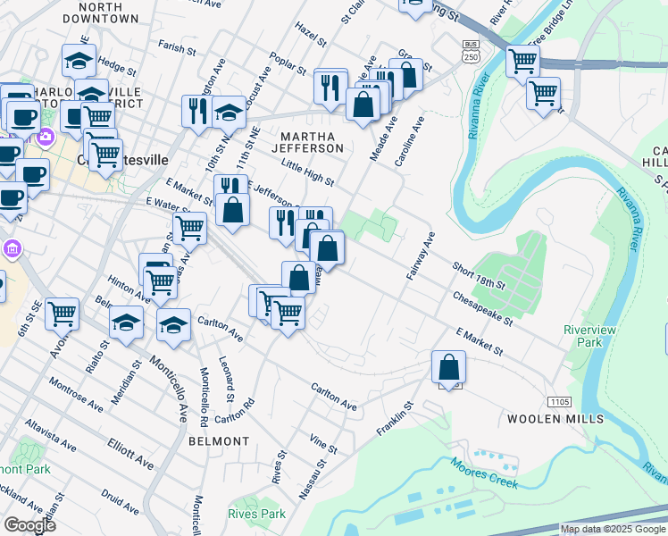 map of restaurants, bars, coffee shops, grocery stores, and more near 208 Meade Avenue in Charlottesville