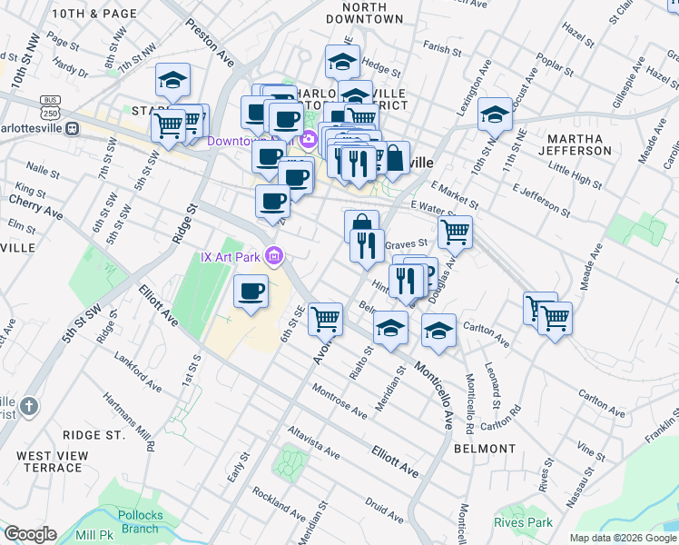 map of restaurants, bars, coffee shops, grocery stores, and more near 623 Hinton Avenue in Charlottesville