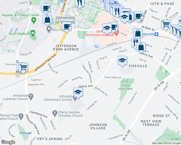 map of restaurants, bars, coffee shops, grocery stores, and more near 402 Valley Road Extension in Charlottesville