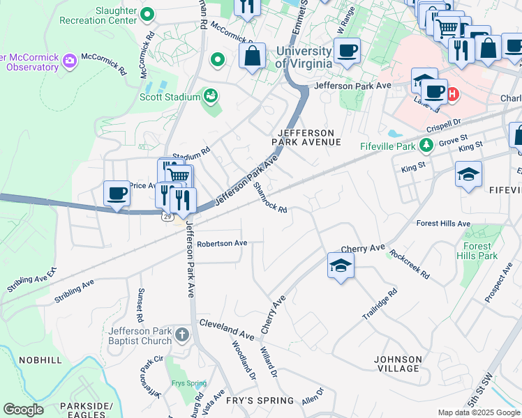 map of restaurants, bars, coffee shops, grocery stores, and more near 204 Shamrock Road in Charlottesville