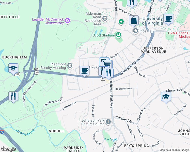 map of restaurants, bars, coffee shops, grocery stores, and more near 2311 Fontaine Avenue Extension in Charlottesville