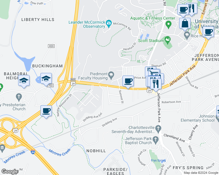 map of restaurants, bars, coffee shops, grocery stores, and more near 115 Mimosa Drive in Charlottesville