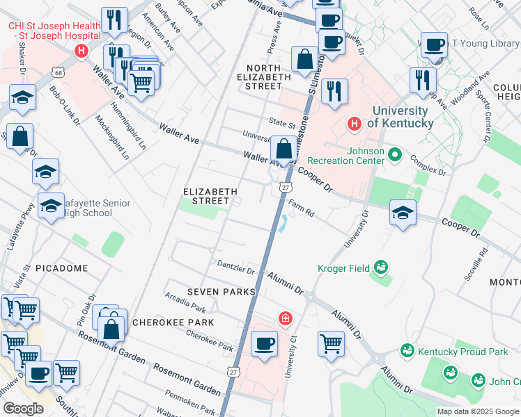 map of restaurants, bars, coffee shops, grocery stores, and more near 1423 Audubon Avenue in Lexington