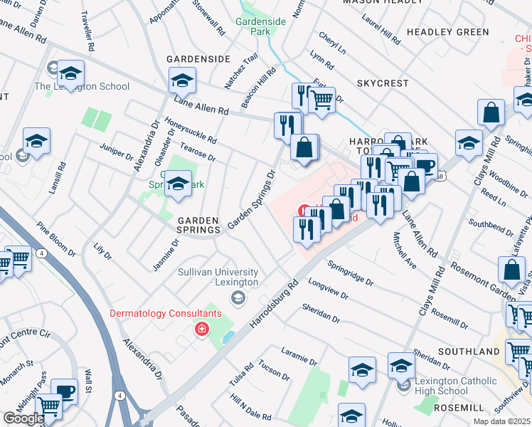 map of restaurants, bars, coffee shops, grocery stores, and more near 2070 Garden Springs Drive in Lexington