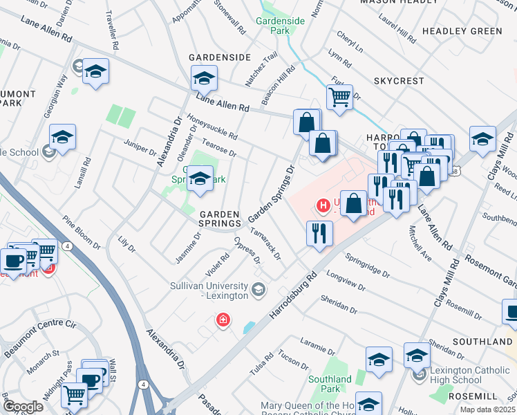 map of restaurants, bars, coffee shops, grocery stores, and more near 2048 Larkspur Drive in Lexington