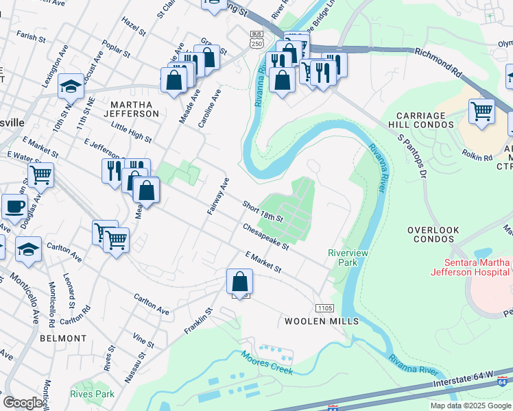 map of restaurants, bars, coffee shops, grocery stores, and more near 1505 Short 18th Street in Charlottesville