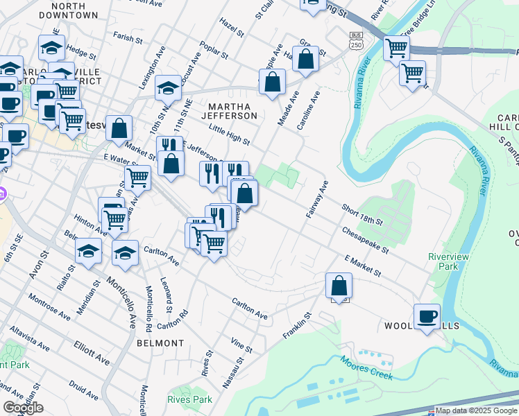 map of restaurants, bars, coffee shops, grocery stores, and more near 1315 East Market Street in Charlottesville