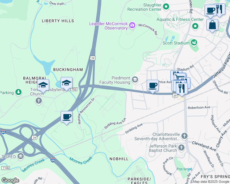 map of restaurants, bars, coffee shops, grocery stores, and more near 415 Ray C Hunt Drive in Charlottesville