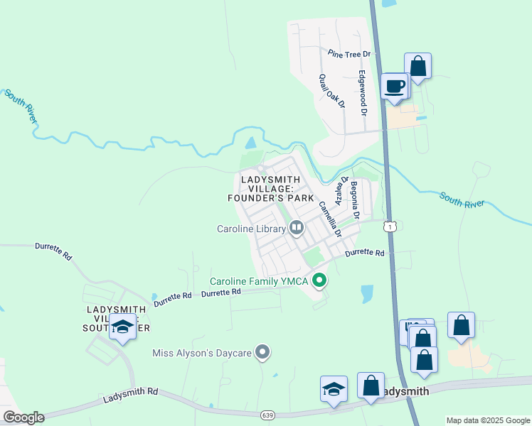 map of restaurants, bars, coffee shops, grocery stores, and more near 7132 Conway Place in Ruther Glen