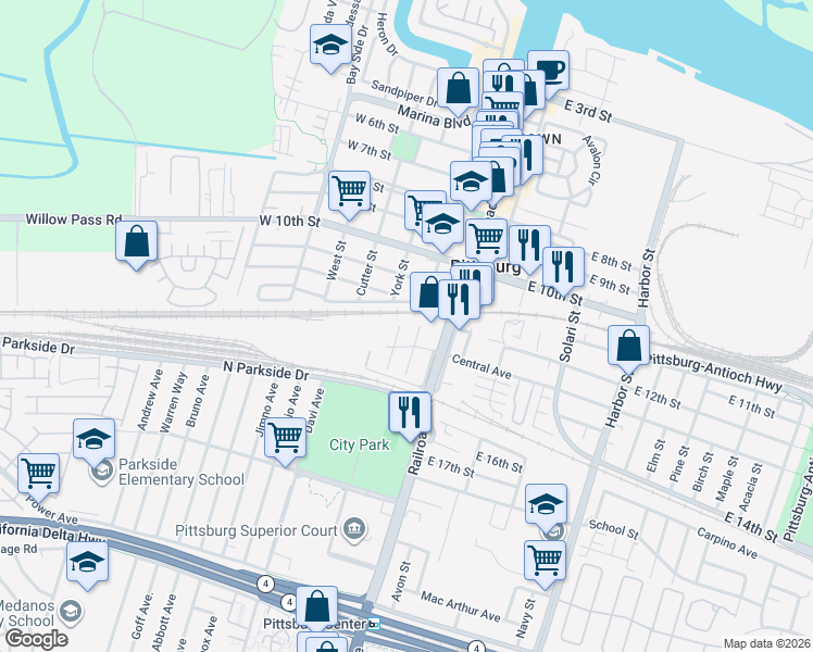 map of restaurants, bars, coffee shops, grocery stores, and more near 80 Loma Vista Way in Pittsburg