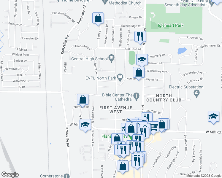 map of restaurants, bars, coffee shops, grocery stores, and more near 1000 Westchester Court in Evansville