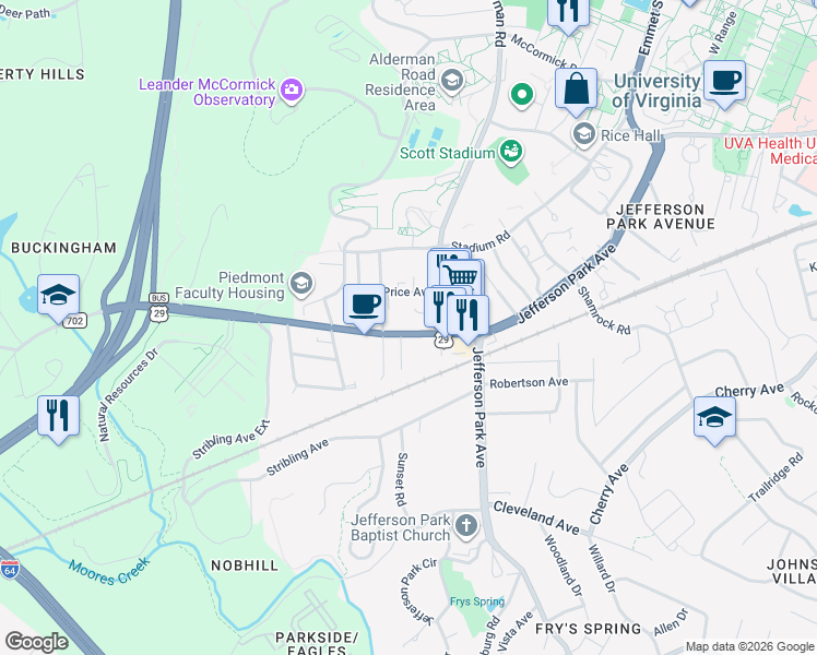 map of restaurants, bars, coffee shops, grocery stores, and more near 2311 Fontaine Avenue Extension in Charlottesville