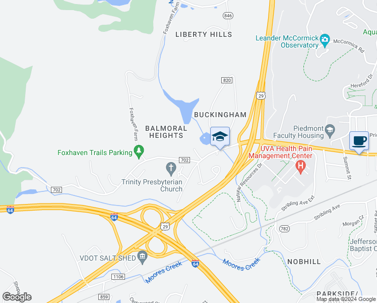 map of restaurants, bars, coffee shops, grocery stores, and more near 1004 Reservoir Road in Charlottesville