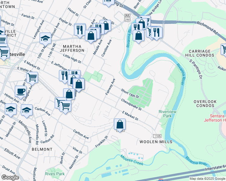 map of restaurants, bars, coffee shops, grocery stores, and more near 1405 Chesapeake Street in Charlottesville