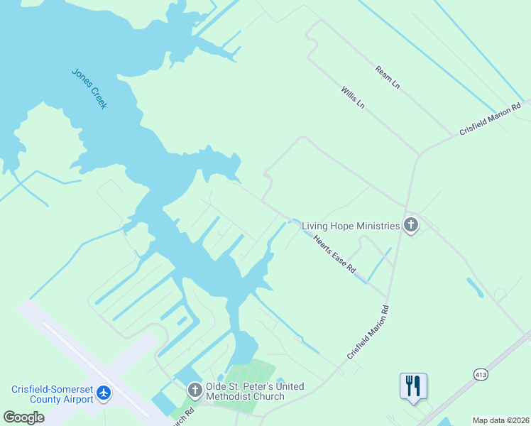 map of restaurants, bars, coffee shops, grocery stores, and more near 27103 Gillette Drive in Crisfield