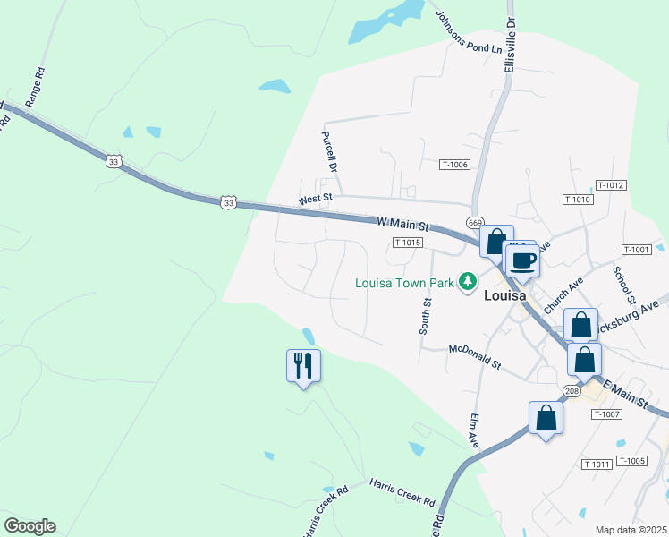 map of restaurants, bars, coffee shops, grocery stores, and more near 110 Apple Orchard Road in Louisa