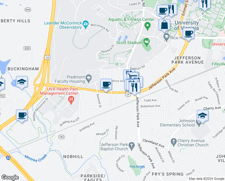 map of restaurants, bars, coffee shops, grocery stores, and more near 2323 Fontaine Avenue in Charlottesville