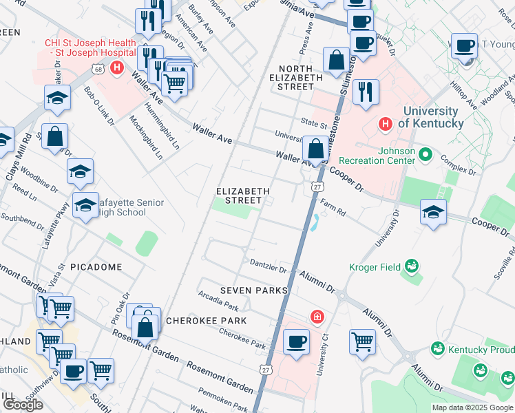 map of restaurants, bars, coffee shops, grocery stores, and more near 1517 Elizabeth Street in Lexington