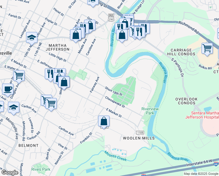 map of restaurants, bars, coffee shops, grocery stores, and more near 1503 Short 18th Street in Charlottesville