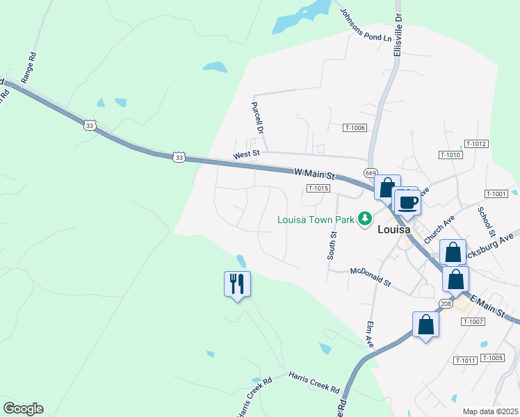 map of restaurants, bars, coffee shops, grocery stores, and more near 110 Apple Orchard Road in Louisa